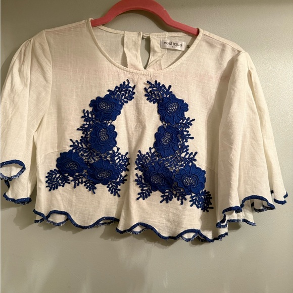 Vestique White and Blue Embroidered Crop Top - Picture 2 of 4